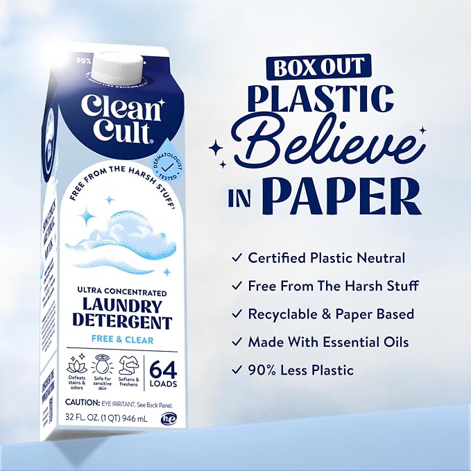 Ultra Concentrated Liquid Laundry Detergent Soap, 64 loads (32 oz), 90% Less Plastic, No Harsh Chemicals, Free & Clear, Defeats Stains & Odors, Eco-friendly, HE/Standard Compatible