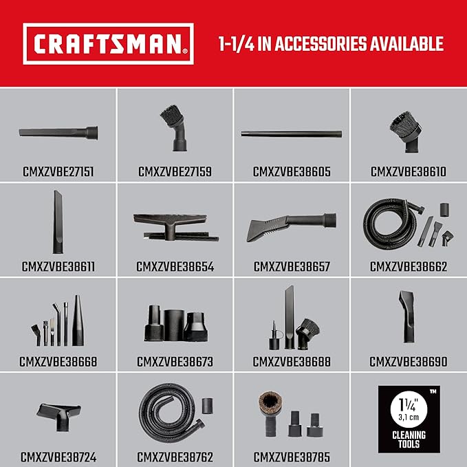 CRAFTSMAN CMXZVBE38668 1-1/4 in. 6-Piece Micro-Cleaning Wet Dry Vac Attachment Kit, Industrial-Grade Shop Vacuum Accessories for Intricate and Detail Cleaning, Fits 1-1/4 in. Hose Diameter