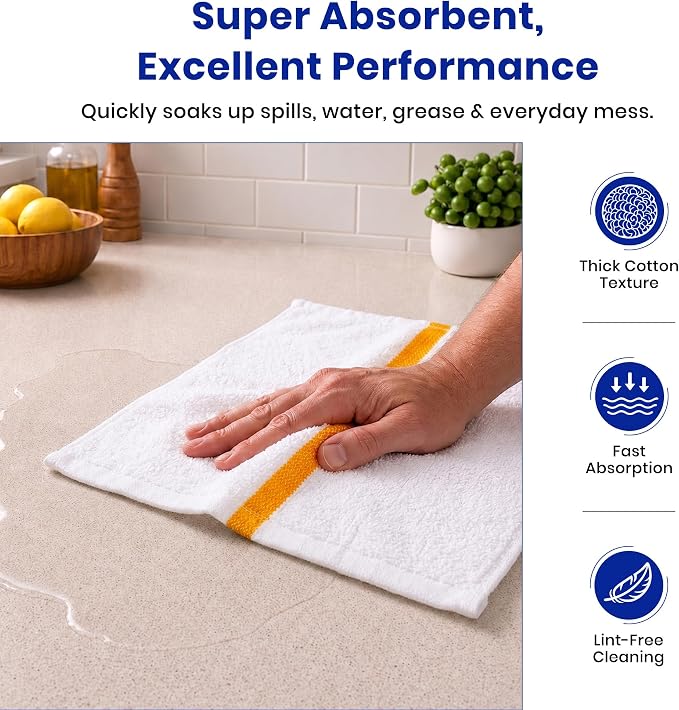 Bar Mops Pack of 24 (14" x 19") - 100% Cotton Cleaning Rags for Housekeeping - Thick, Absorbent, Reusable Bar Towels for Cleaning House & Restaurant - Kitchen Towels Bulk (Yellow Stripe)