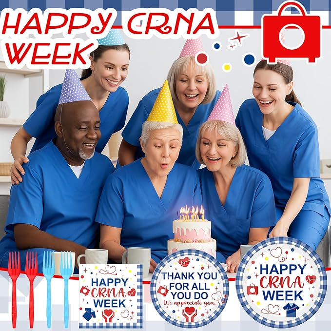 Remerry 96 Pcs Happy CRNA Week Party Supplies Nurse Anesthetist Appreciation Plates and Napkins Set Decoration Thank You Staff Disposable Plates for CRNA Week Party Supplies