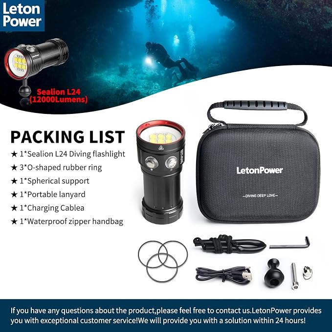 Diving Flashlight, L24 12000Lumens Dive Light,100m Underwater Video Light, Scuba Dive Lights, Underwater flashlights with Type-C Charging for Professional Under Water Sports