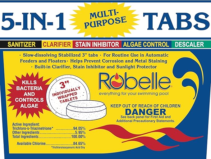 Robelle 25-Pounds Premium 5-In-1 Multi-Purpose Tabs, Chlorine Tablets 3 Inch, Sanitizer, Clarifier, Stain Inhibitor, Algae Control, Descaler, Sunlight Protector All In One, Made In USA