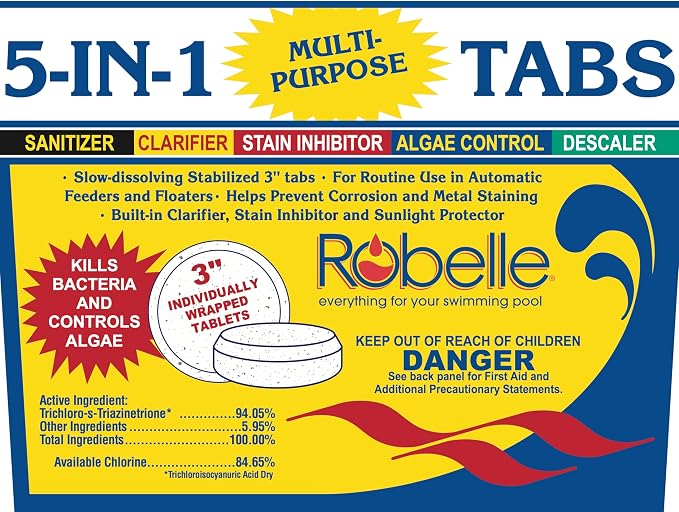 Robelle 35-Pounds Premium 5-In-1 Multi-Purpose Tabs, Chlorine Tablets 3 Inch, Sanitizer, Clarifier, Stain Inhibitor, Algae Control, Descaler, Sunlight Protector All In One, Made In USA