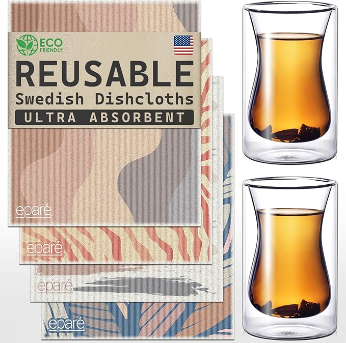 Eparé 6 oz Set of 2 Turkish Tea Cups & Reusable Swedish Kitchen Dishcloth - Double Walled Clear Glass Cup & Stylish & Washable Cellulose Paper Towel & Sponges Alternative
