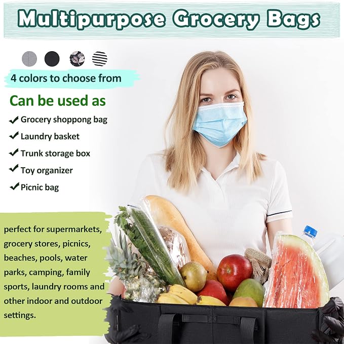 Extra Large Utility Tote Bag with Wire Frame Collapsible Reusable Grocery Bags Heavy Duty Shopping Bags for Groceries with Handles Trunk Organizer for Beach Travel Picnics Camping Laundry