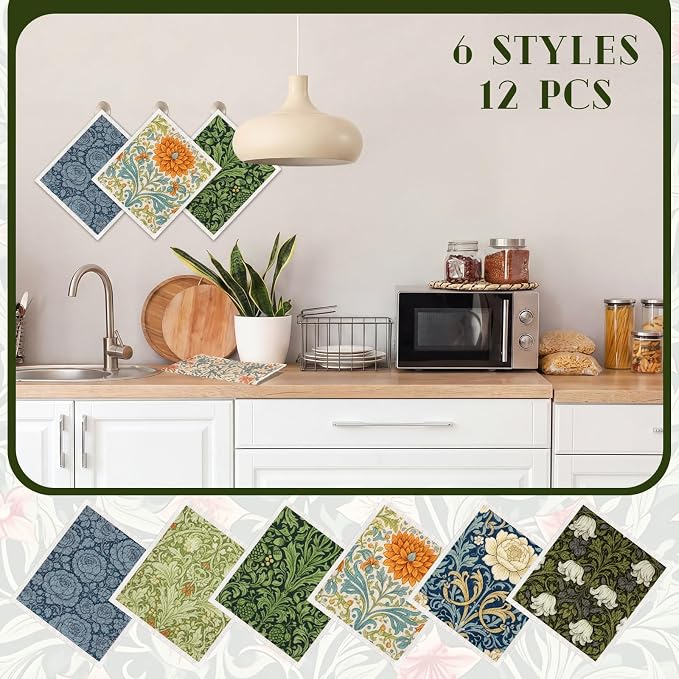 Mifoci 12 Pcs William Morris Swedish Kitchen Dishcloths 7 x 8 Inch Reusable Vintage Floral Dish Towels Absorbent Cotton Cleaning Cloths for Kitchen Cleaning Wipes Housewarming