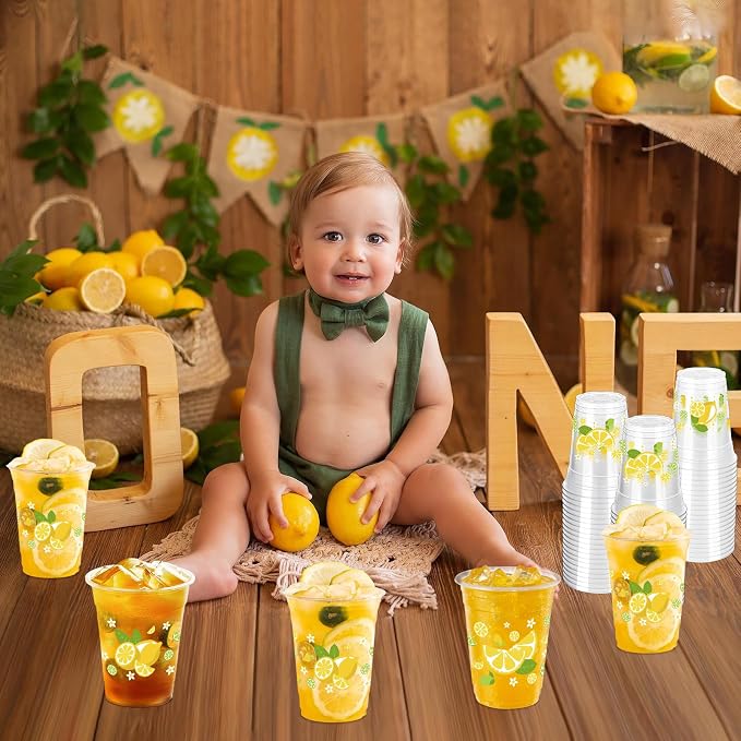 100 Pcs Lemon Plastic Cups,12 oz Yellow Lemon Disposable Clear Plastic Cups Lemons Theme Party Drinking Cup Hawaiian Luau Party Cup for Birthday Wedding Bridal Baby Shower Supplies