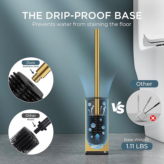 FORIOUS Toilet Brush and Holder Set, SUS304 Stainless Steel Square Base, Extended Long Handle, Drip-Proof & Space Saving, 2 Replaceable Brush Heads, Plastic & Silicone Dual Brush Head, Drak Gold