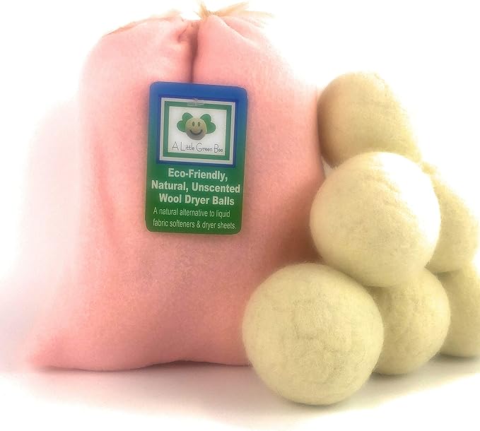 Six Eco-Friendly Wool Dryer Balls Free Eco-Felt Gift Bag, Handmade in America, Natural and Unscented, (Baby Pink)