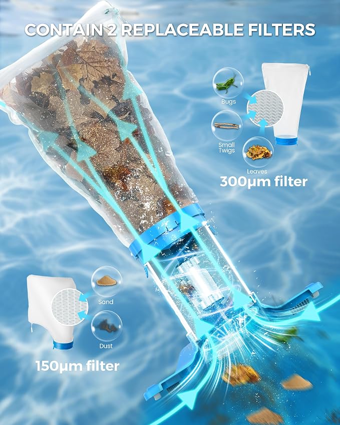 WAVIO Rechargeable Pool Leaf Vacuum Cleaner with Telescopic Pole, Runs Max 70-Mins, Cordless Pool Skimmer with Heavy Duty Mesh Bag, 48GPM Powerful Suction for Inground and Above Ground Pools