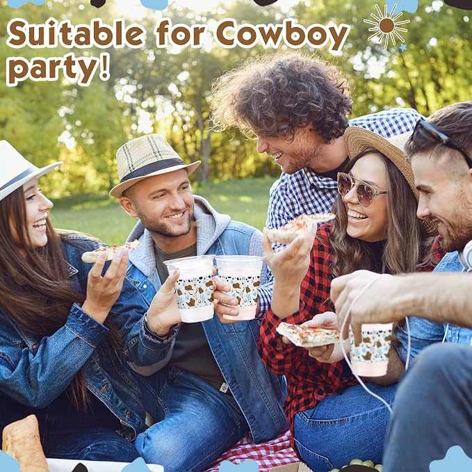 Jingmore 100 Pcs Western Plastic Cups 12 oz Clear Disposable Plastic Cowboy Cowgirl Drinking Cups Bulk for Boho Preppy Baby Shower Birthday Wild West Party Decoration Supplies(Cowboy,Brown and Blue)