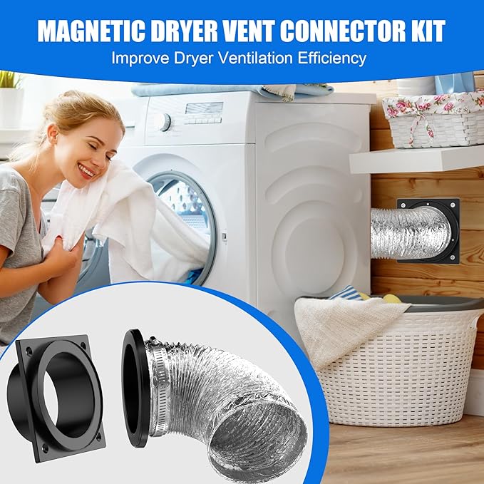Magnetic Dryer Vent, Airtight Seal Magnetic Dryer Vent Connector Kit Strong Magnet Dryer Vent Quick Connect Disconnect Easy to Clean Flexible Hose 4" Exhaust Duct Adapter Attachment with Clamp Screw