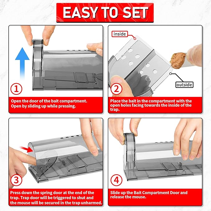 LULUCATCH Humane Mouse Traps 2 Pack | Live No Touch Catch and Release No Kill Rodent Traps | Reusable with Cleaning Brush | Pet Safe Indoor Outdoor for Mice, Rats, Chipmunks, Voles, Grey