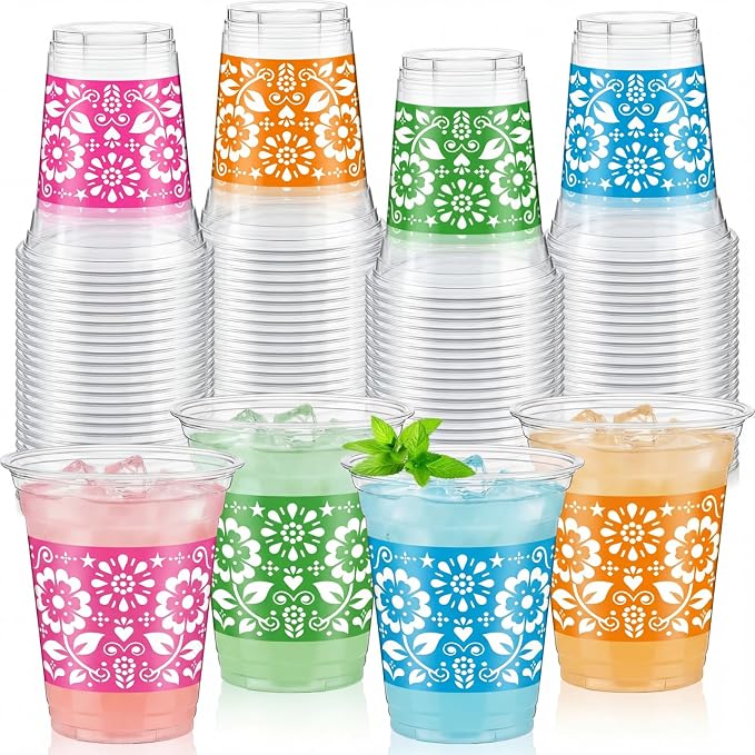 Tanlade 120 Pcs Fiesta Plastic Cups 12 oz Mexican Disposable Party Cups Cinco De Mayo Margarita Drinkware for Mexican Theme Birthday Taco Bar Birthday Wedding Party Supplies Decorations
