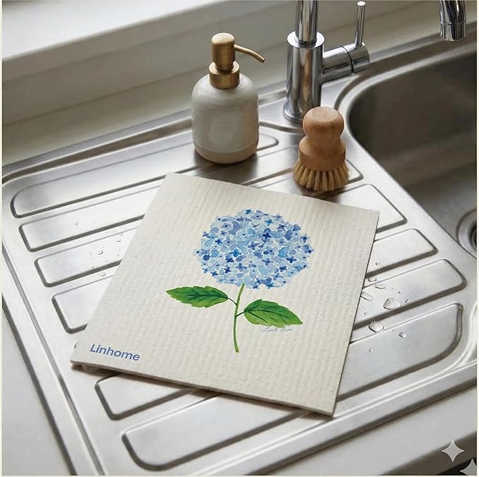 Garden Collection Hydrangea Swedish Dishcloth, Reusable Paper Towel, Super Absorbent Cellulose Sponge, Kitchen Cleaning Cloth, Washable & Compostable (Blue Hydrangea - 4 Pack)