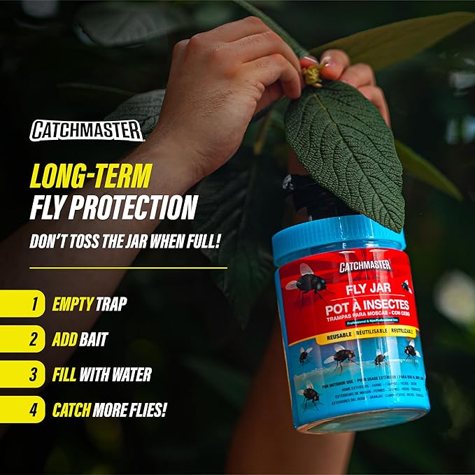 Catchmaster Fly Traps Outdoor 3-Pack with Airlock Lid for No-Mess Disposal, Pesticide-Free Hanging Fly Jars, Reusable Bug Catchers for Yard, Patio & Trash, Sets Up in Seconds