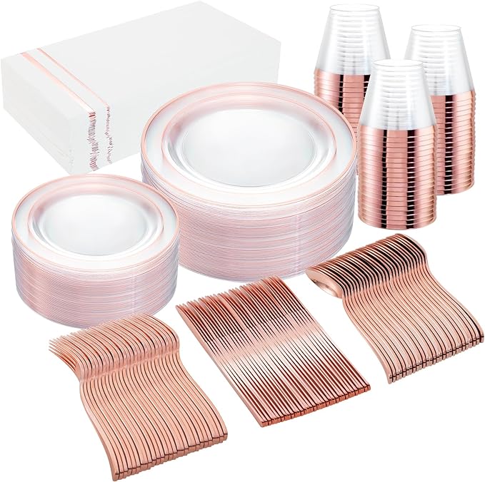 GATHER 350PCS Rose Gold Plastic Plates - Disposable Rose Gold Dinnerware Includes 100 Clear Rose Golds Rimmed Plastic Plates, 150 Silverware, 50 Napkins, 50 Cups for Party, Wedding, Baby Shower