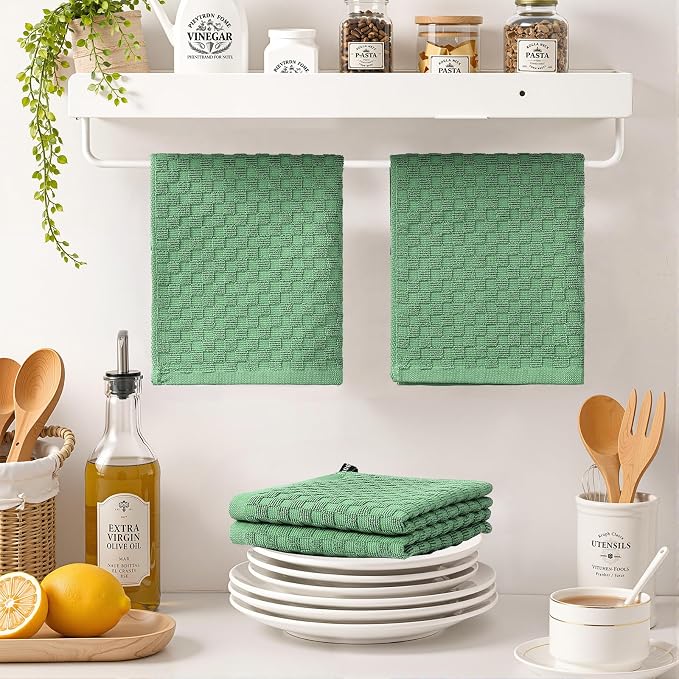 Homaxy 100% Cotton Terry Kitchen Dish Cloths, Ultra Soft Absorbent Dish Towels with Hanging Loop, Pineapple Grid Designed, 12 x 12 Inches, 8-Pack, Grass Green