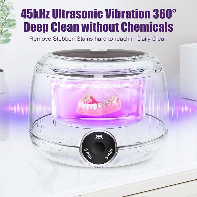Ultrasonic Dental Retainer Cleaner Machine-45kHz Ultrasonic Cleaner with UV Light & 200ML Deep Cleaning Pod for Dentures Mouth Guards Aligners Invisalign Night Guards Braces Jewelry