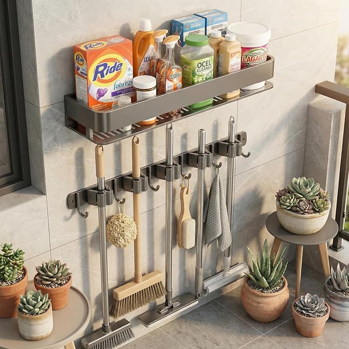 Wall Mount Organizer with Heavy-Duty Hooks and Sturdy Shelf - Holds Brooms, Mops, Vacuums & Cleaning Supplies. Perfect for Laundry Room Organization, Garage Storage, and Closet Shelving（24 inches）