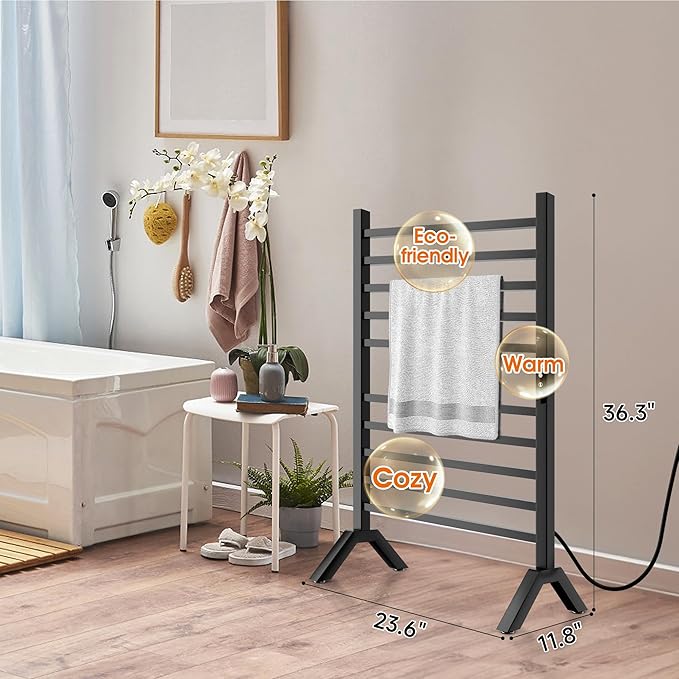 Poloma Wall Mounted & Freestanding Towel Warmer Rack for Bathrooms, Electric Heated Towel Rack Heater, Stainless Steel, Matt Black. CSA Certified.