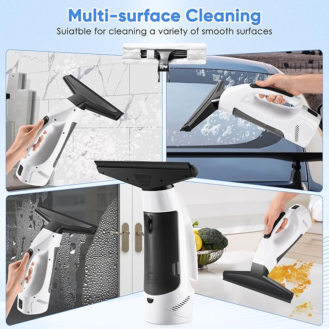 Window Vacuum Squeegee Cordless, 2000Pa Electric Window Vacuum Cleaner with 200ML Water Tank, Rechargeable Electric Squeegee for Windows, Tiles, Mirrors, Showers, Glass, 2200mA