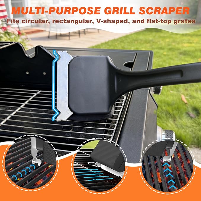Grill Brush for Outdoor Grill, Steam Grill Cleaner Bristle Free with Scraper, Replaceable Cleaning Head & Heat-Resistant Handle, Grilling Gift for Dad, Men - Black