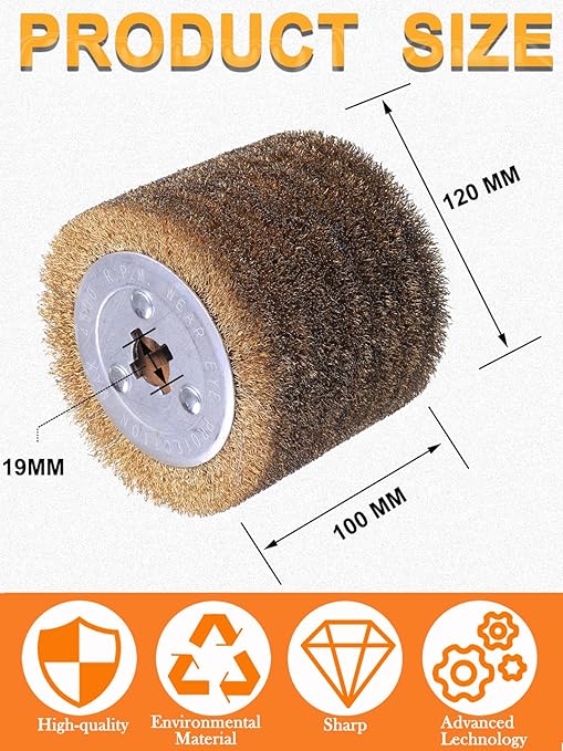 4.7" x 4" Copper Plated Steel Wire Brush Drum Surface Conditioning Tool, Drawing Wheel Wire Wheel Burnishing Tool for Metal Surface Polishing Grinding Removing Rust-3/4 Quad Keyway