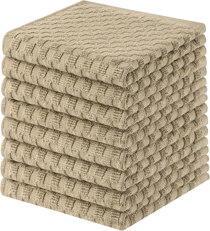 Homaxy 100% Cotton Terry Kitchen Dish Cloths, Ultra Soft Absorbent Dish Towels with Hanging Loop, Pineapple Grid Designed, 12 x 12 Inches, 8-Pack, Tan