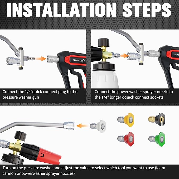 Pressure Washer Foam Cannon Attachment, No Spray Gun Included, One-Button Switch Between Foam & Water, 1/4" Quick Connect, 1L Foam Cannon with Dual-Connector, 5 Spray Nozzles for 1000-4000 PSI