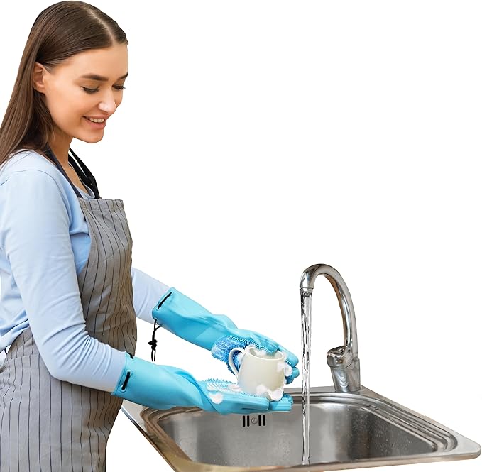Jokari Scrub n' Suds Silicone Dish Gloves with Built-In Scrubber Bristles – Waterproof Cleaning Gloves, Extended Sleeves with Drawstring & Cord Lock, 100% Food-Grade Silicone, Large Size, 1 Pair