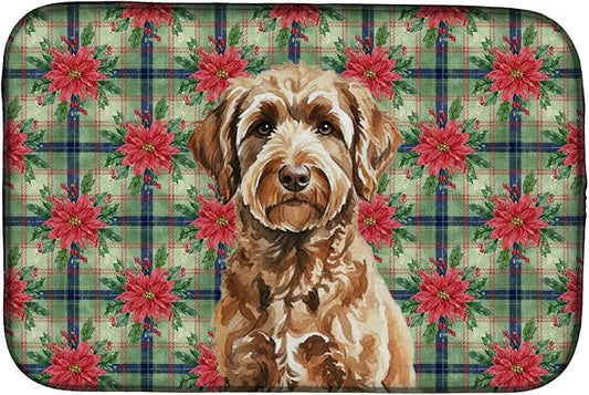 Caroline's Treasures Chocolate Labradoodle Christmas PoinsettIas Dish Drying Mat Absorbent Dish Drying Mat Pad for Kitchen Counter Dish Drainer Mat for Countertop, 14 x 21", Multicolor