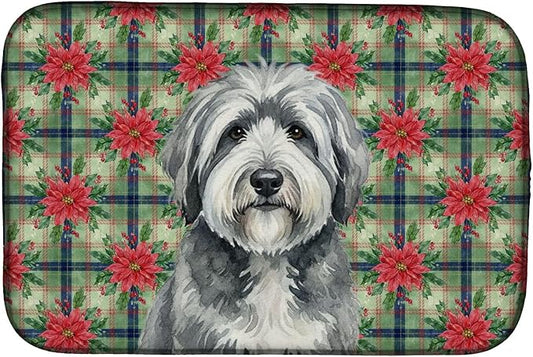 Caroline's Treasures Gray and White Old English Sheepdog Christmas PoinsettIas Dish Drying Mat Absorbent Dish Drying Mat Pad for Kitchen Counter Dish Drainer Mat for Countertop, 14 x 21", Multicolor