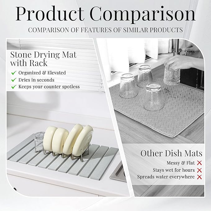 Diatomaceous Stone Dish Drying Mat with Collapsible Steel Rack - Quick Dry Kitchen Counter Set, Space Saving Foldable Dryer