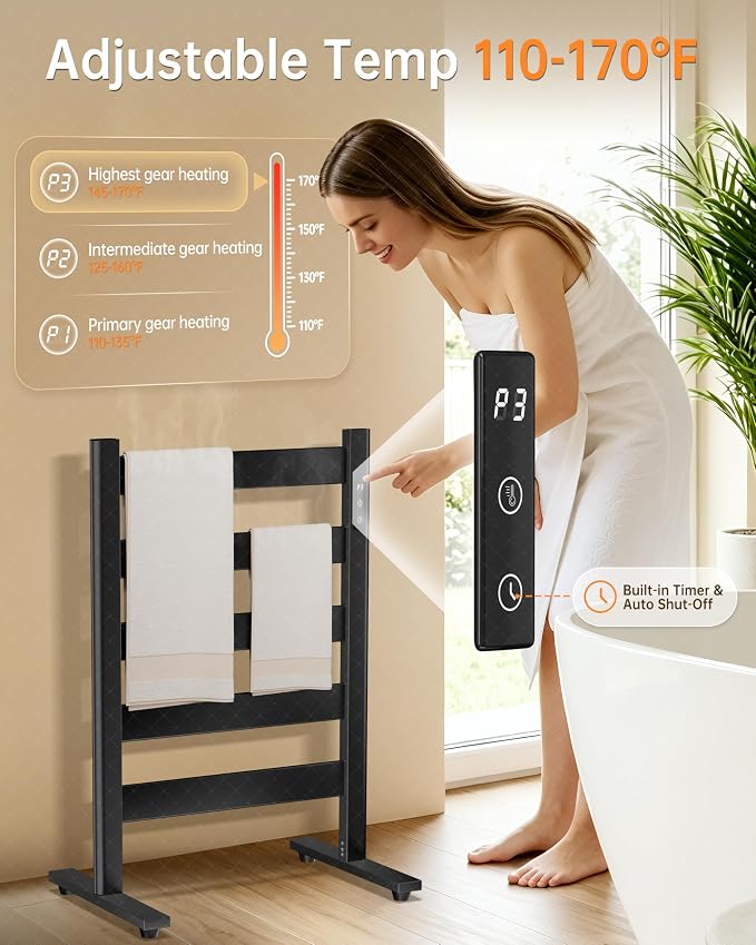 Freestanding Towel Warmer – 5-Bar Heated Towel Rack with Timer & Adjustable Temperature, Space Aluminum, Rust-Resistant, Fast Heating in About 10 Minutes for Bathroom & Spa,Matte Black