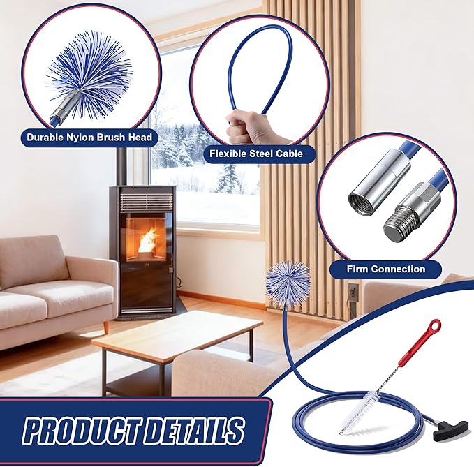 Dreyoo Pellet Stove Cleaning Brush Kit, 10 FT Flexible Steel Rod with 3" Brush Head, T Handle, Multi Purpose Flue Detail Cleaner, Nylon Stove Flue Pipe Kit for Pellet Furnace Exhaust Pipes