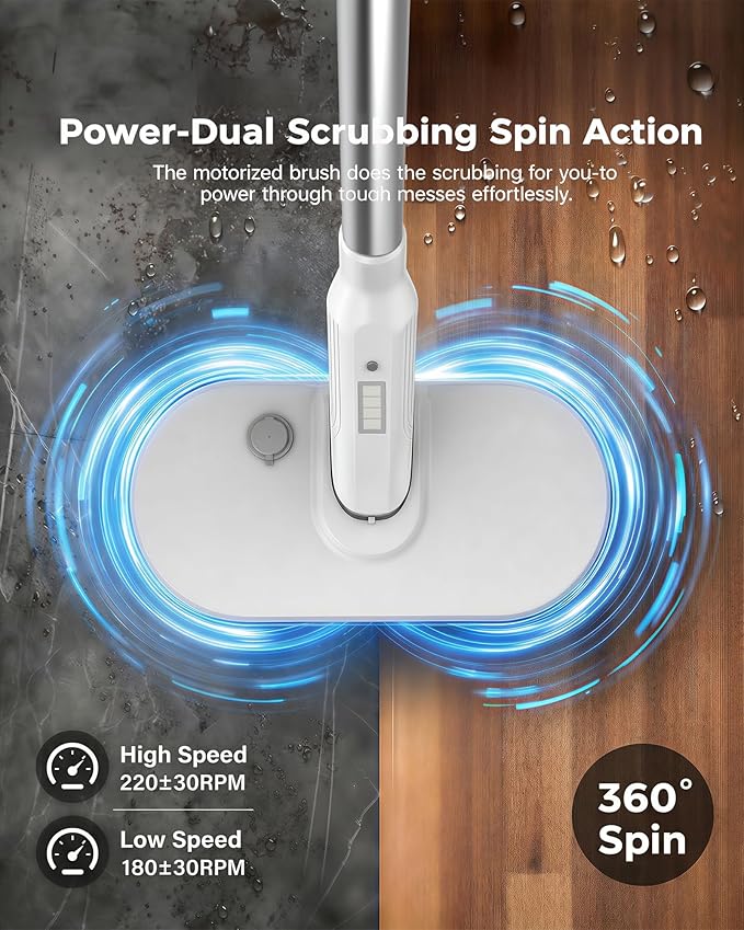 Buways Cordless Electric Mop, Self-Propelled Electric Spin Mop, Gravity Assist Pressure, 8000mAh Battery, LED Light & Water Spray, for Hardwood, Tile & Laminate Floors