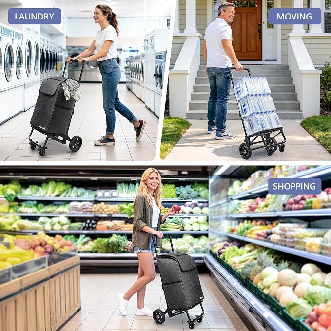 KEDSUM 3 in 1 Shopping Cart with Wheels, 60L/250LBS Multi Use Grocery Cart with 7" Big Wheels & Removable Waterproof Bag, Personal Shopping Carts for Groceries, Telescoping Handle & Thickened Steel