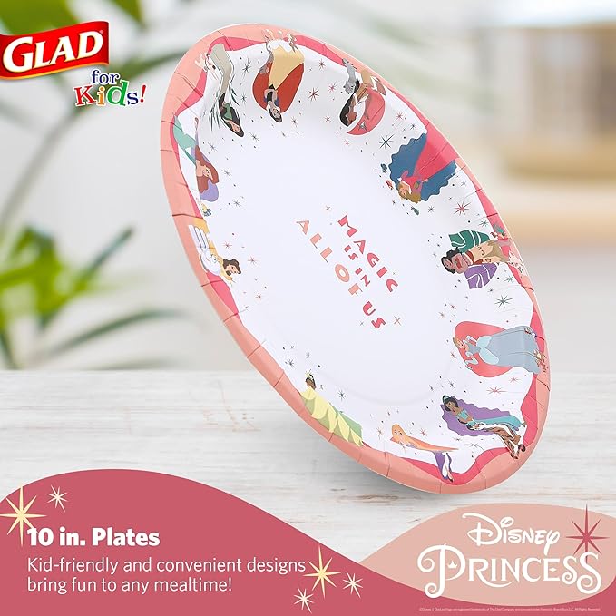 Glad for Kids Disney Princess Disposable Paper Plates, Magic is in All of Us Design - Heavy Duty, Soak-Proof, Microwavable Kid-Friendly Character Plates for Everyday Meals, 10 inch, 20 Count