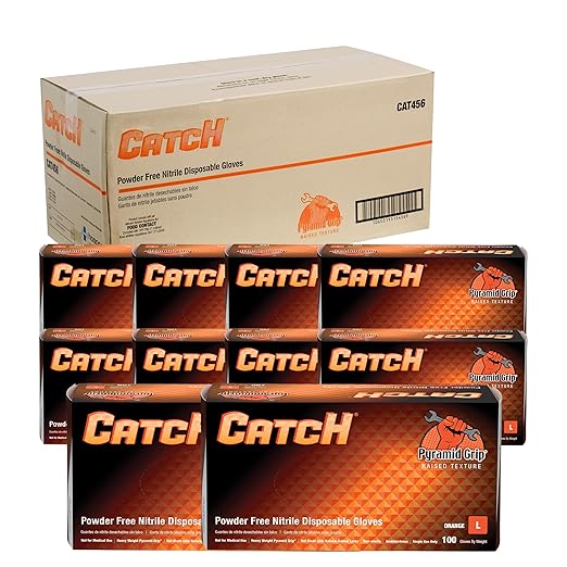 Adenna ProWorks CATCH Disposable Nitrile Gloves – 9 Mil, Heavy Duty Work Rubber Glove with Raised Pyramid Grip, Non–Latex & Powder Free, Case of 1000, Large, Orange