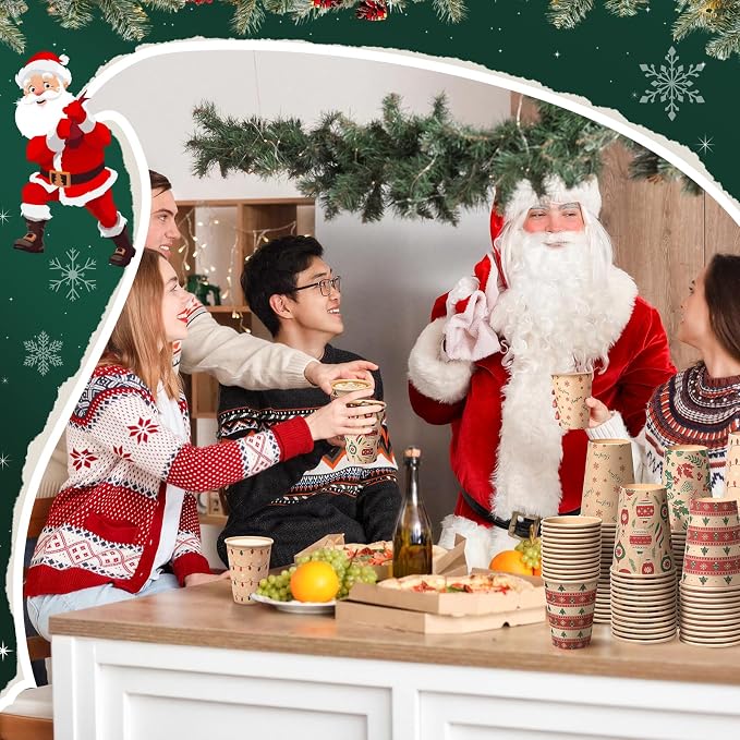 FoldTier 100 Pcs 12 oz Christmas Paper Cups with Lids Xmas Disposable Coffee Cups Holiday Kraft Paper Drinking Xmas Party Drinkware Supplies for Holiday Cocoa Beverage Cold Hot Drinks (Classic 1)
