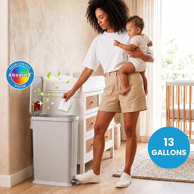Patented 13 Gallon Step Diaper Pail, Fits Kitchen Bags, Odor Filter, 50L Baby Trash Can, 135 Diaper Capacity, No Refills Needed, for Nursery Diapers & Adult Incontinence Underwear, Matte Light Gray