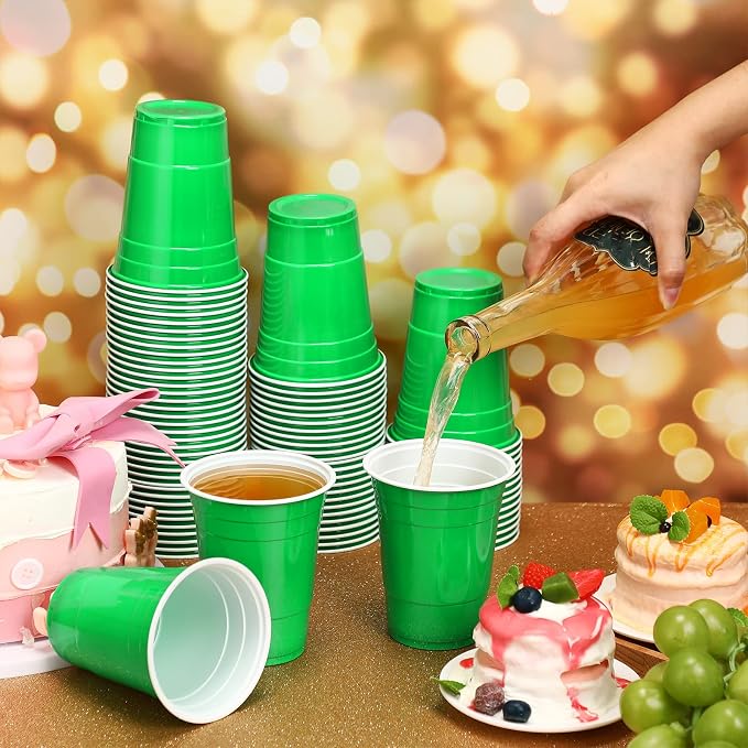 Lounsweer 100 Pcs 16 oz Disposable Party Cups Plastic Heavy Duty Drinking Water Cups for Birthday Baby Shower Wedding BBQ Picnic Party Supplies(Green)
