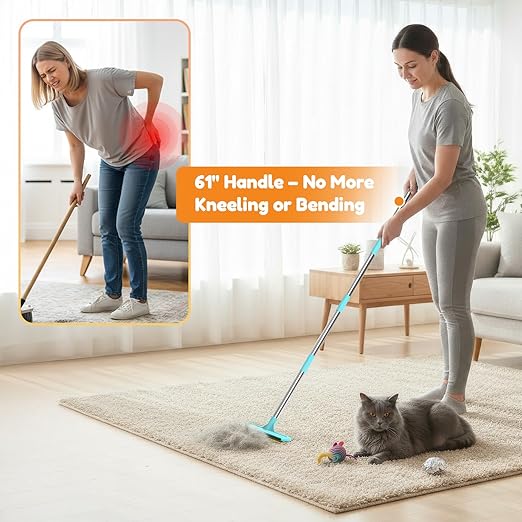 3-in-1 Carpet Rake for Pet Hair Removal, Upgraded Rug Scraper with 61" Thickened Handle & 10" Handheld Grip, Dual-Metal Edge Dog Hair Remover for Carpet, Couch, Furniture & Car
