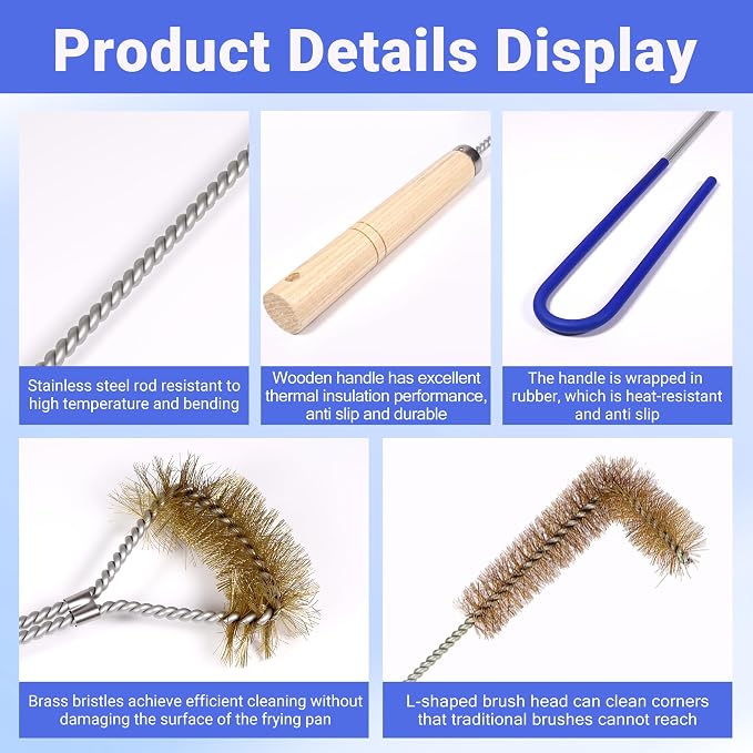 3 PCS Fryer Cleaning Tools with Deep Fryer Brass L-Shaped Brush, Deep Fryer Cleanout Rod, Long Handle Deep Basket Brush for Restaurants, Air Fryers, Deep Fat Fryers