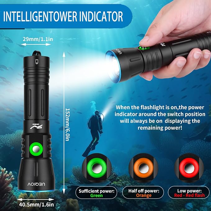 Dive Light Scuba Diving Flashlight Dive Torch Rechargeable,3500Lumens 6 Modes Underwater Light,IPX8 Waterproof Flashlight, Safety Dive Lights with Power Indicator for Night Diving