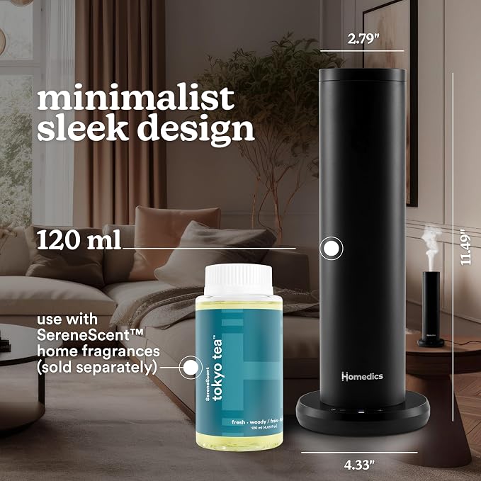 Homedics SereneScent Waterless Essential Oil Diffuser, Home Fragrance Scent Diffuser for Large Rooms, No Water Needed, Patented Air Diffusion Technology, Oil Sold Separately, Black