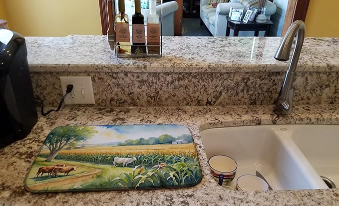 Caroline's Treasures Cows by the Cornfield Dish Drying Mat Absorbent Dish Drying Mat Pad for Kitchen Counter Dish Drainer Mat for Countertop, 14 x 21", Multicolor
