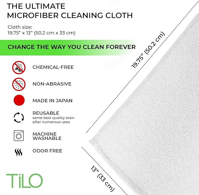 TILO Microfiber Cleaning Cloth – 19x13 Inch Ultra-Absorbent, Reusable Soft Polishing Cloth for Dust, Grease, Dirt – Non-Abrasive – White (White)
