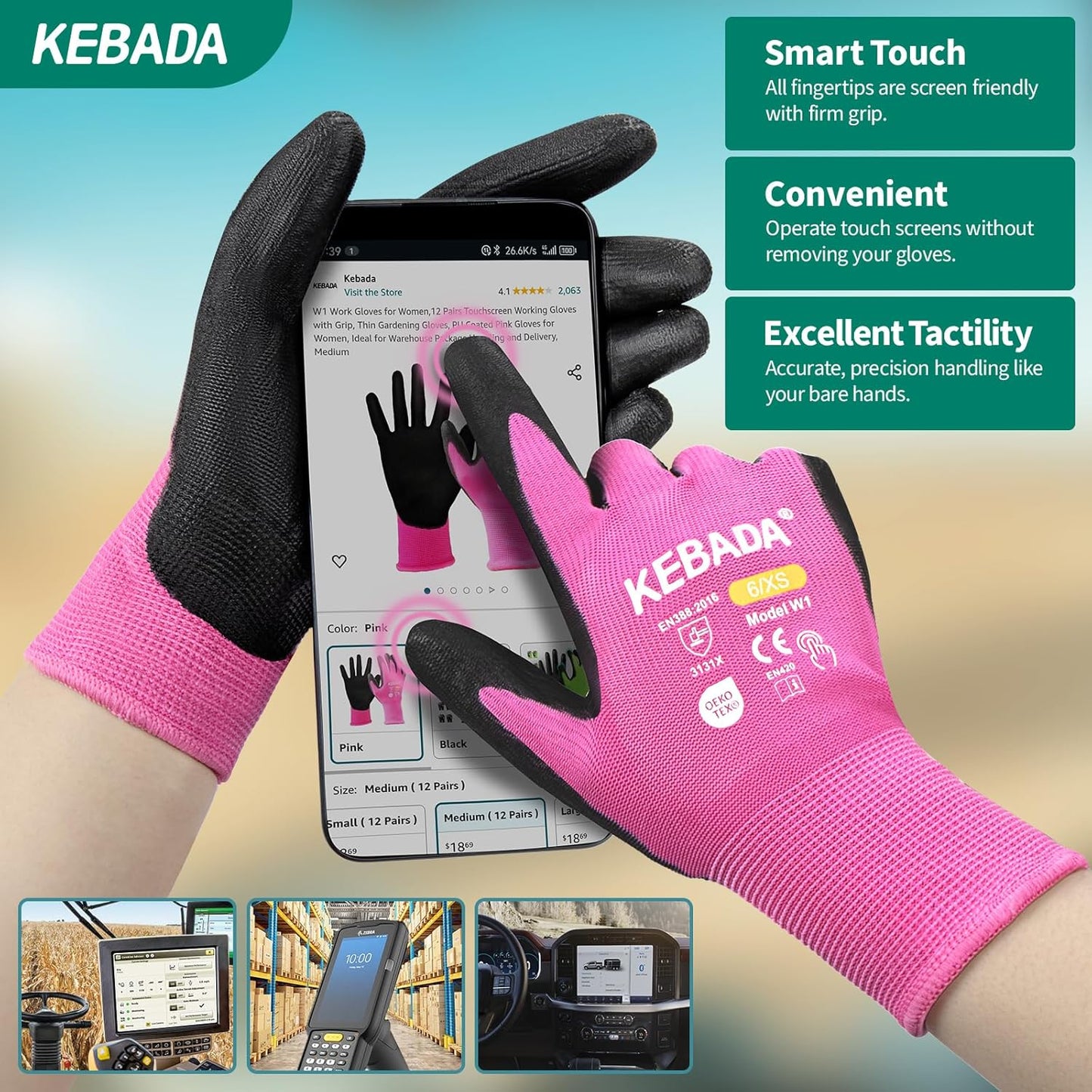 Kebada W1 Women's Work Gloves - Pink Medium (12 Pairs)